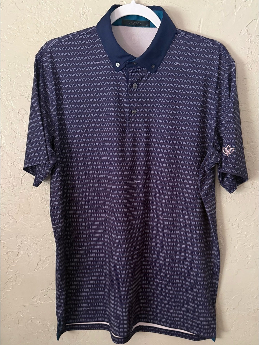 Greyson Golf Shirt Polo Wind and Water Symbol Print Medium Purple Navy Blue